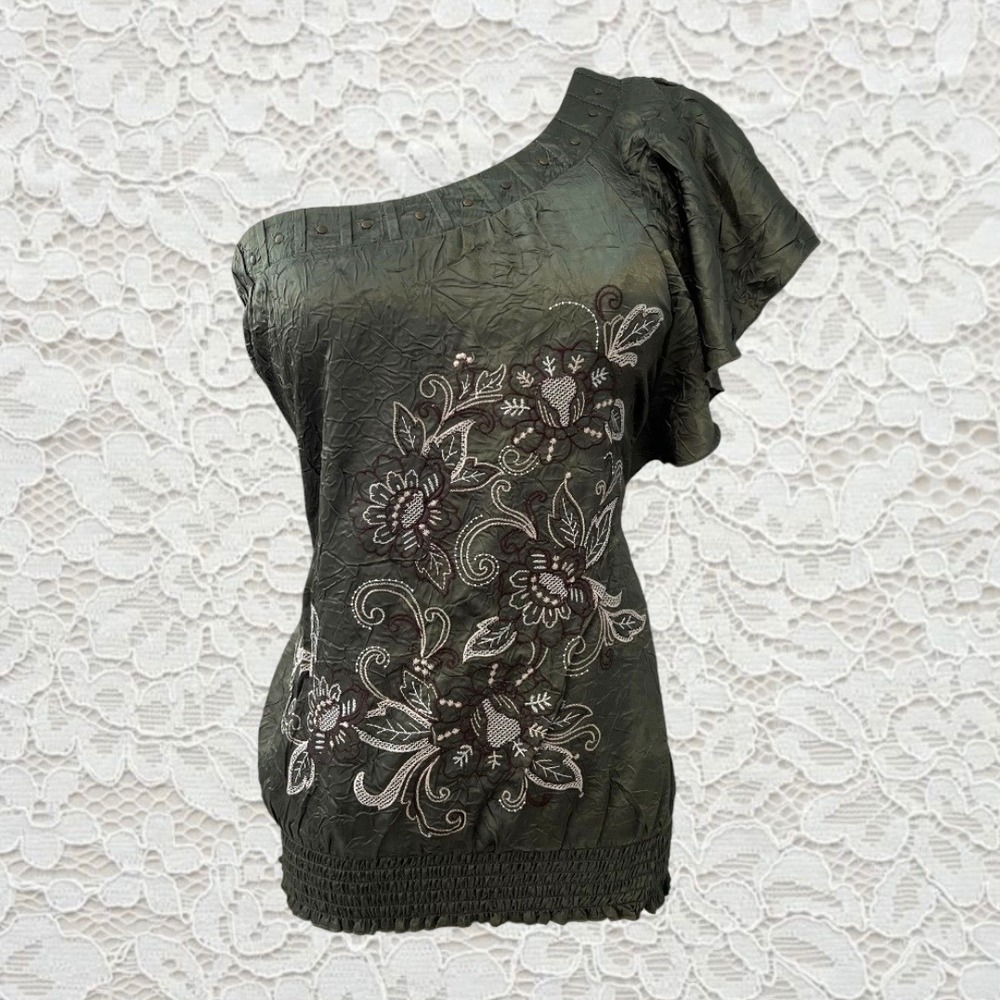 vintage y2k one shoulder floral embroidered top with studs on neckline